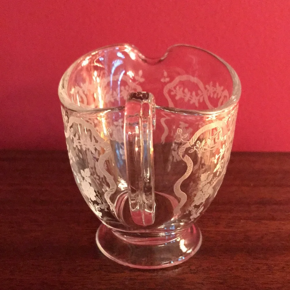 Antique Vintage Etched Roses & Ribbons Bows Sugar Bowl & Creamer Glass Set